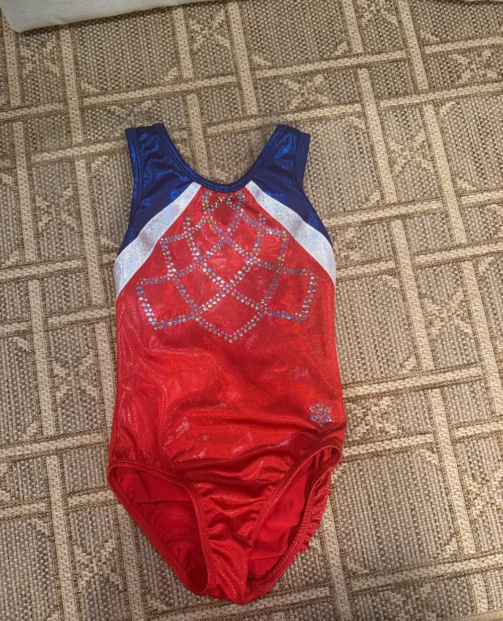 Snowflake Designs Girls Gymnastics Leotard Red Blue Rhinestone Size L